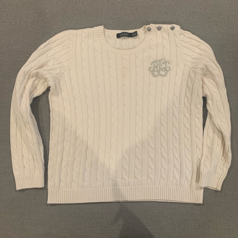 Lauren Ralph Lauren White Cable Knit Sweater with Silver Monogram